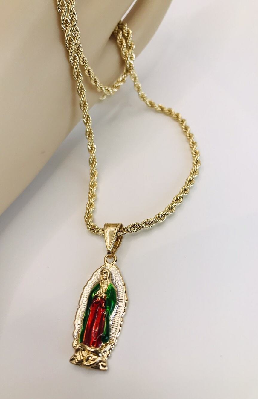 Women Men Virgen De Guadalupe Necklace 24" 14K Gold Cadena Oro Laminado Rope